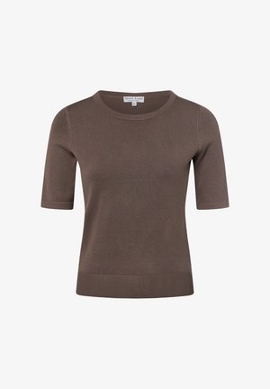 Braunes kurzärmeliges Stricktop mit geripptem Saum und Rundhalsausschnitt, Größe klein, mit Etikett Marie Lund Copenhagen.