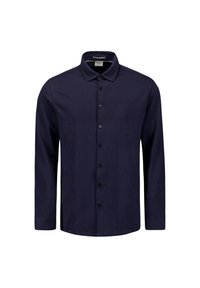 Marineblauwe langesleeve shirt met een kraag, zes knoopsluitingen en een gladde textuur. Heeft een rechte snit en geen patronen.