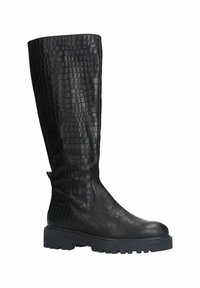 Zwarte kniehogere laarzen met een krokodillenembossing, een ronde neus en een gestructureerde rubberen zool voor grip.