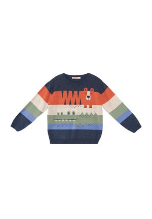Børne langærmet sweater med navy, orange, beige, grønne og blå striber med tegneserie krokodille- og bjørnemotiver.