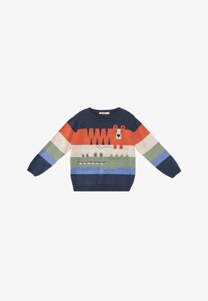 Børne langærmet sweater med navy, orange, beige, grønne og blå striber med tegneserie krokodille- og bjørnemotiver.