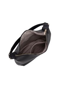 Borsa in pelle nera con superficie testurizzata, cerniera argento e fodera in tessuto beige; l'interno presenta tasche per l'organizzazione.
