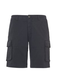 Shorts cargo blu navy realizzati in tessuto leggero, dotati di due tasche laterali, due tasche con patta e chiusura con bottone in vita.