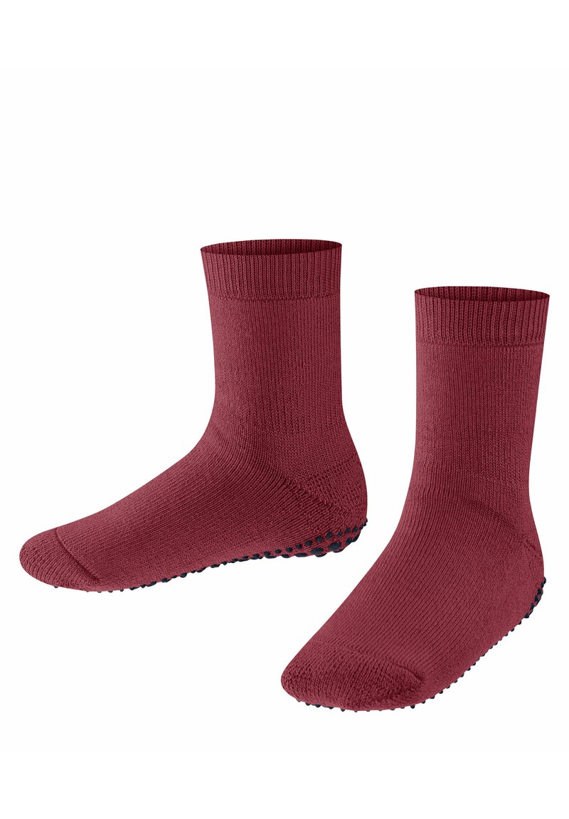 Czerwone skarpetki za kostkę wykonane z teksturowanego materiału dzianinowego, z prążkowanym wykończeniem i kropkowanym wzorem na podeszwie dla lepszej przyczepności.