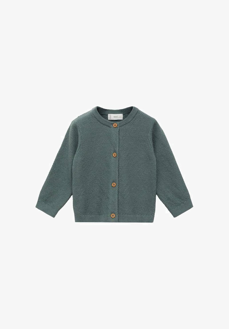 Green knitted cardigan with long sleeves, round neck, five wooden buttons, and textured fabric. Features ribbed cuffs and hem.