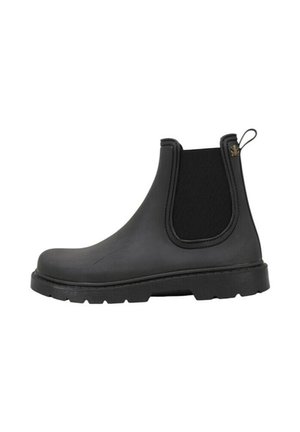 Bota de lluvia negra hasta el tobillo con paneles elásticos laterales, lengüeta trasera y suela gruesa con relieve.