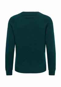 Pull en maille vert foncé vu de dos avec des manches longues et un col, des poignets et un ourlet côtelés.