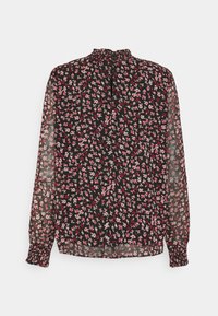 Blusa nera traslucida a maniche lunghe con stampa floreale rossa e bianca, colletto alto arricciato, polsini arricciati e chiusura a bottoni con apertura a goccia sul retro.