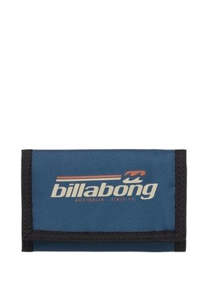 Niebieski prostokątny portfel Billabong z czarnym obszyciem, z nazwą marki i logo fali na przednim klapie.
