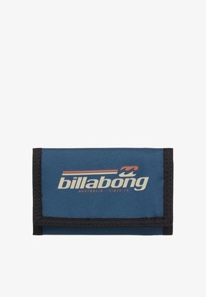 Niebieski prostokątny portfel Billabong z czarnym obszyciem, z nazwą marki i logo fali na przednim klapie.