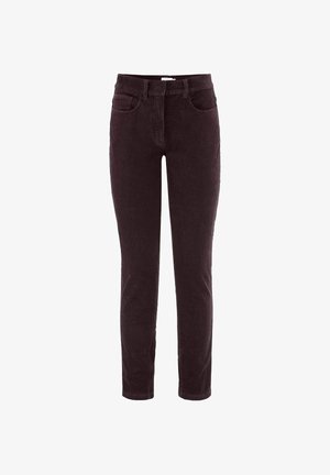 Dunkelviolette Cordhosen im Slim-Fit-Stil, mit zwei vorderen Taschen und einem knöpfbaren Reißverschluss, versehen mit strukturierten vertikalen Streifen.