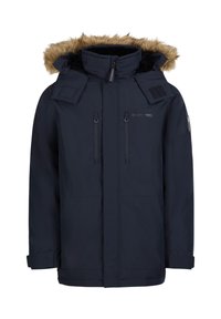 Veste d'hiver bleu marine avec capuche doublée de fourrure, comprenant deux poches avant zippées, des détails en velcro sur les épaules et une finition résistante à l'eau.