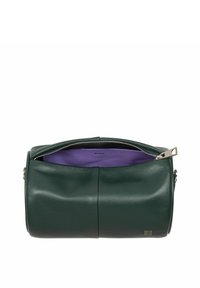 Borsa cilindrica verde in pelle con chiusura a zip argentata. Interno con fodera viola. Nome del marchio stampato all'interno. Tessuto morbido.