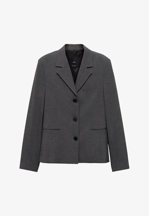 Blazer grigio realizzato in tessuto testurizzato, con colletto a punta, tre bottoni e due tasche frontali oblique.