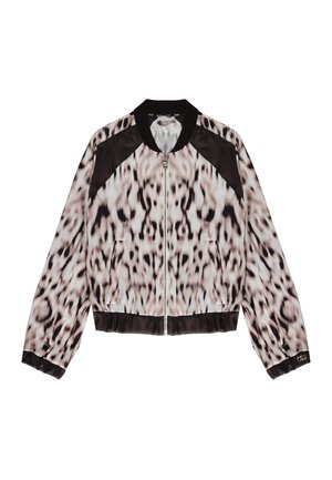 Giacca bomber accorciata in rosa e nero con motivo animalier, dotata di zip frontale, polsini a costine e tasche laterali.