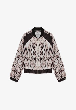 Giacca bomber accorciata in rosa e nero con motivo animalier, dotata di zip frontale, polsini a costine e tasche laterali.