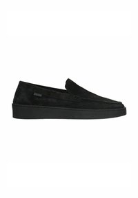 Black loafers made of suede with a low platform sole. Features a seamless design and a slight upward curve at the toe for a sleek silhouette.