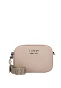 Beige-värinen crossbody-laukku, valmistettu sileästä synteettisestä materiaalista. Varustettu hopeanvärisillä metalliosilla, etuosassa logolla ja teksturoidulla säädettävällä hihnalla.