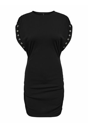 Robe noire cintrée sans manches avec un col rond et des œillets métalliques le long des côtés des épaules et des bras supérieurs.