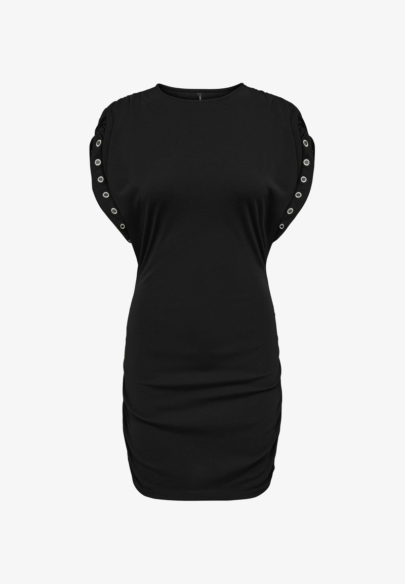 Robe noire cintrée sans manches avec un col rond et des œillets métalliques le long des côtés des épaules et des bras supérieurs.