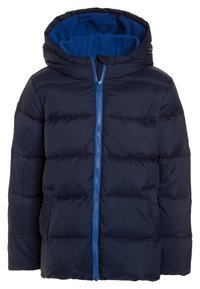 Marinblå vadderad vinterjacka med huva, blå fleecefoder, dragkedja fram och sidofickor.