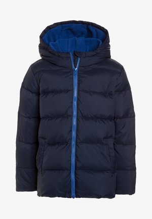 Navy blue padded winter jacket with a hood, blue fleece lining, front zipper, and side pockets.