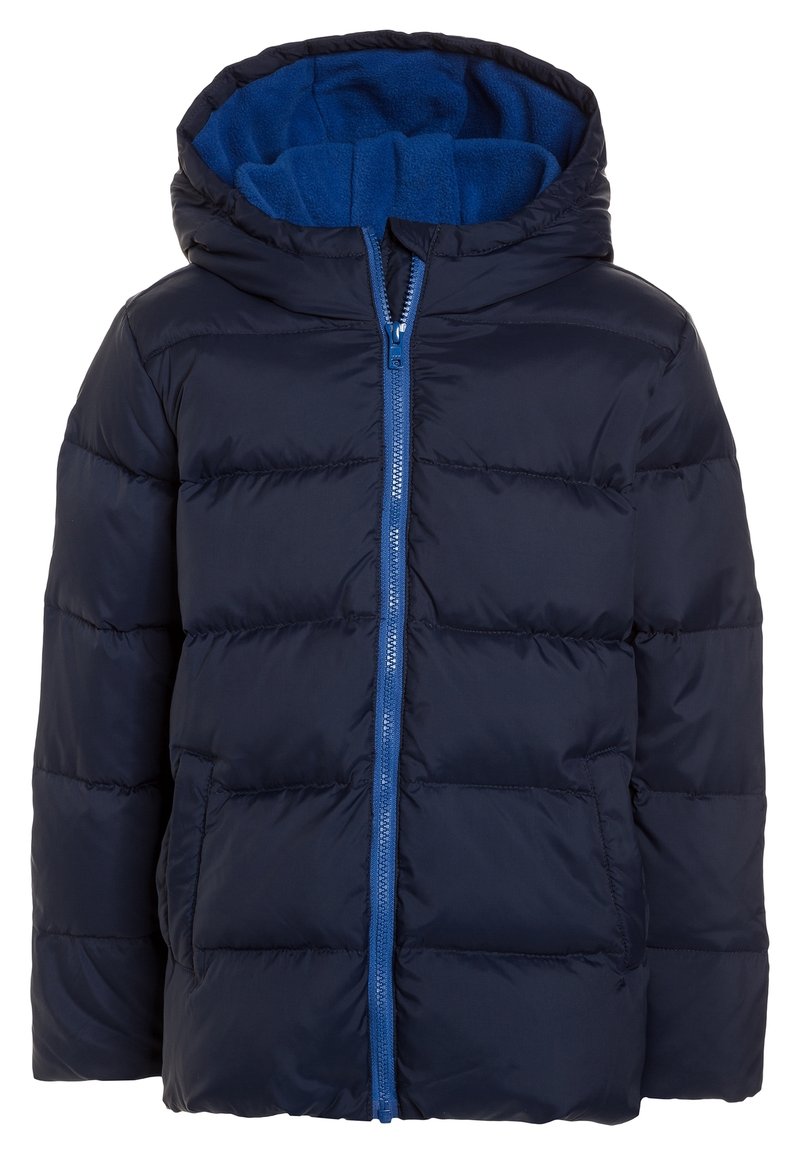 Marinblå vadderad vinterjacka med huva, blå fleecefoder, dragkedja fram och sidofickor.