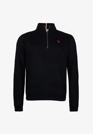 Maglione con zip al collo di colore nero, realizzato in tessuto morbido. Presenta un logo rosso sul petto e un colletto a righe. Vestibilità classica con maniche lunghe.