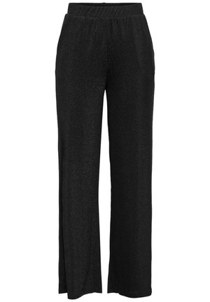 Black wide-leg pants with elastic waistband, smooth fabric, and no visible pockets or embellishments.