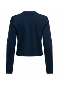 Veste courte bleu marine à manches longues avec un petit col, vue de dos sur fond blanc.