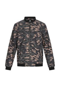 Camouflage bomberjakke i sort, grøn og beige, med lynlås fortil, ribbede manchetter og et klassisk krave-design. Blød tekstur.