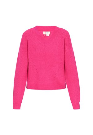 Pull en tricot rose avec un col en V, coupe décontractée et texture côtelée. Il possède des manches longues et une longueur courte.