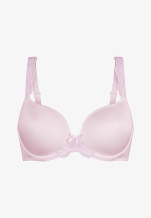 Reggiseno imbottito rosa chiaro con dettagli in pizzo lungo i bordi superiori e un fiocco decorativo al centro, dotato di spalline regolabili e texture liscia.