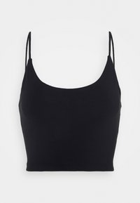 Camisola curta preta com alças finas, decote em forma de U e um tecido liso e elástico. Costura cuidadosa na bainha.