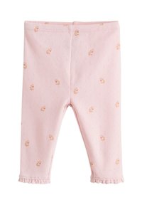 Roosad retuusid, mis on valmistatud pehmest puuvillast, millel on tekstuurse mustriga ja väikesed lillemustrid, ääres pahkluude juures volangidega.