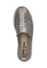 Silver slip-on shoe made of metallic leather, featuring perforated diamond patterns, elastic side panels, and contrasting beige stitching.