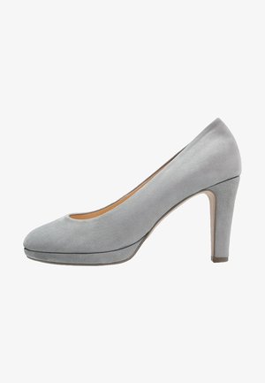 Scarpa con tacco alto in suede grigio, con punta arrotondata, silhouette affusolata e tacco a stiletto di 10 cm; texture liscia, design minimalista.