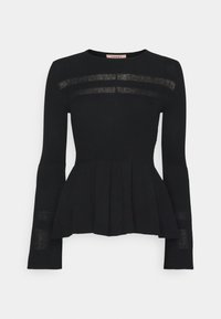 Haut noir à manches longues avec un col rond, une texture côtelée, des panneaux horizontaux transparents et un ourlet peplum évasé.