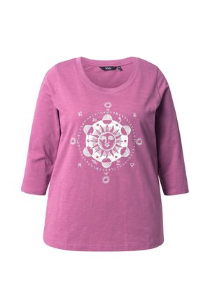Purple cotton t-shirt featuring a round neckline and three-quarter sleeves. The front displays a white sun and zodiac symbols graphic.