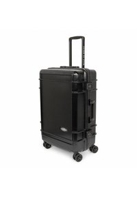 Valigia rigida nera con quattro ruote, manico retrattile e lucchetto a combinazione. Presenta una superficie strutturata e angoli rinforzati.