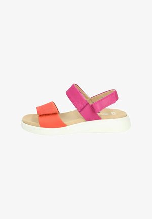 Sandali con tomaia in pelle rosa e arancione, dotati di due fasce larghe e suola in gomma bianca. Il design è aperto sulla punta e con tacco dietro.