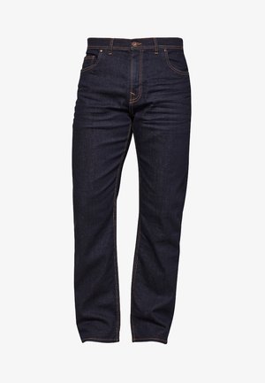 Jeans in denim blu scuro con vestibilità dritta, accenti di cucitura sottili, cinque tasche e chiusura classica con bottone e zip.