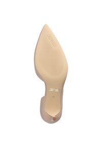 Scarpa con tacco alto nuda, punta affusolata e finitura liscia e lucida. Suola in gomma testurizzata con logo del brand e dettagli della taglia.