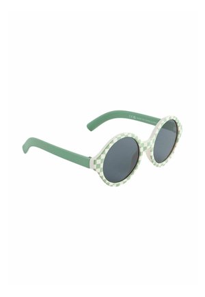 Runde Sonnenbrille mit grün-weißer kariertem Rahmen, grauen Gläsern und grünen Bügeln. Mattes Finish mit glatter Textur.