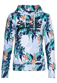 Sudadera con capucha de estampado floral tropical en verde, naranja y púrpura, con el logo negro "Superdry" y cordones blancos.