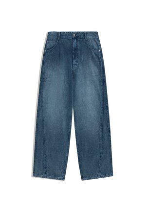 Jeans en denim bleu foncé à jambes larges, avec une texture lisse, cinq poches et fermeture à bouton à l'avant. Caractérisés par une coupe droite et un léger délavage.