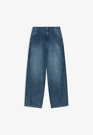 Jeans en denim bleu foncé à jambes larges, avec une texture lisse, cinq poches et fermeture à bouton à l'avant. Caractérisés par une coupe droite et un léger délavage.