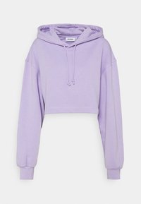 Felpa corta lilla con cappuccio con coulisse, maniche lunghe e polsini a coste. Texture morbida e vestibilità rilassata, adatta per un look casual.