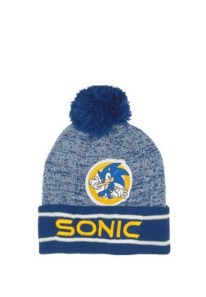 Blau gestrickte Mütze mit Bommel, mit einem Sonic the Hedgehog-Patch und gelbem "SONIC"-Schriftzug auf einem dunkelblauen Umschlag.
