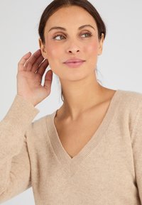 Maglione beige a V con polsini e orlo a coste, realizzato in tessuto morbido, dotato di una vestibilità comoda e di una texture liscia.
